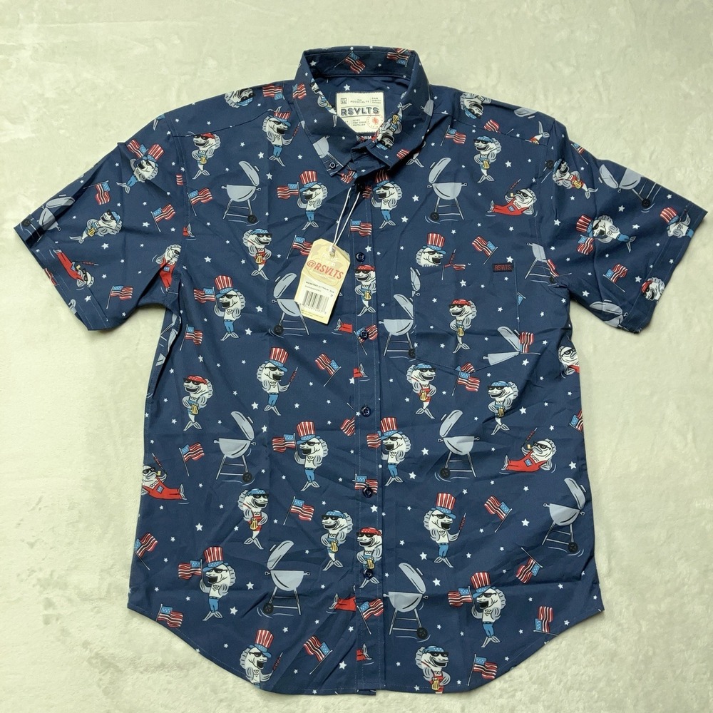 NWT‎ RSVLTS KUNUFLEX Americana Collection American Fish SS Button Shirt Mens M